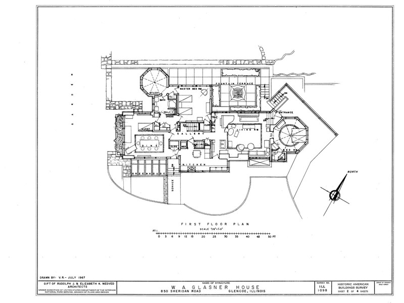 Frank Lloyd Wright Prairie Style hillside house, PRINTED Architectural plans gallery
