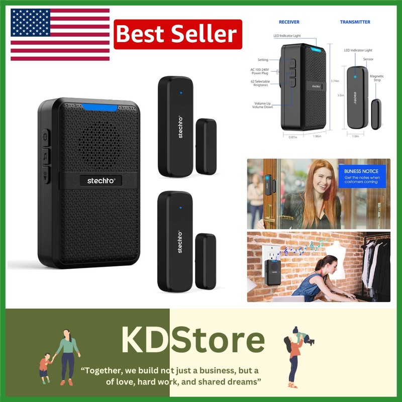 Wireless Door Chime System - 600ft Range, 5 Volume Settings, 2 Sensors Included