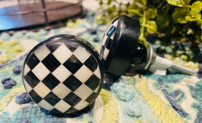 10; Courtly Check Cabinet Door knobs black white checkered Childs Pull Round