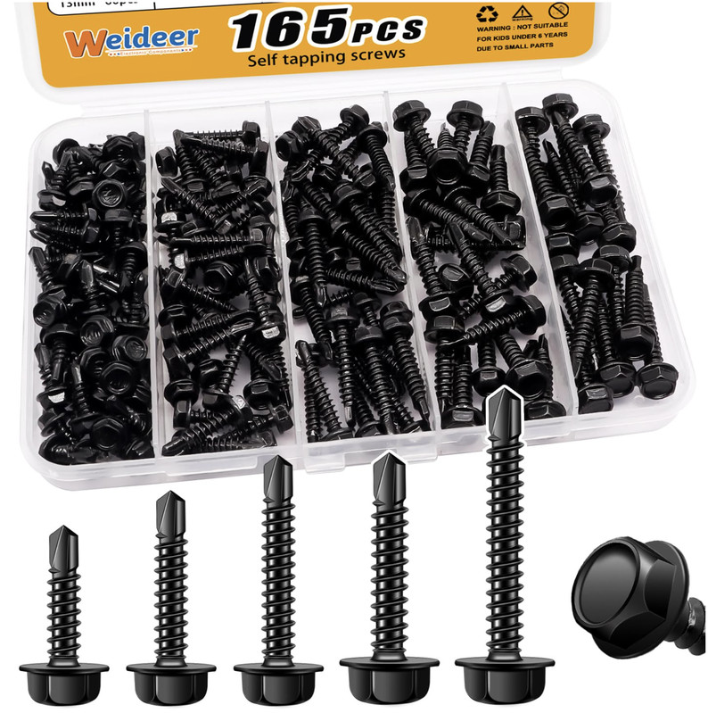 165pcs #8 #10 Self Tapping Screws Set 410 Stainless Steel Black Hex Washer Head gallery