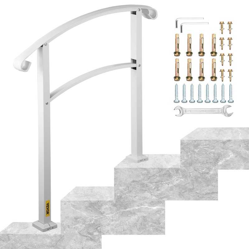 VEVOR Iron Handrail Stair Railing 1 or 3 Steps Adjustable Matte White Handrail