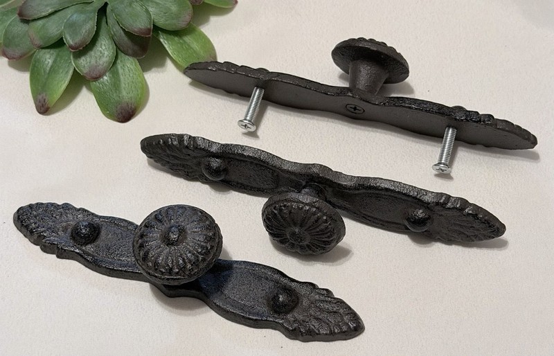 3 Large Rustic Cast Iron Cabinet Pulls Metal Drawer Pulls Vintage Hardware gallery