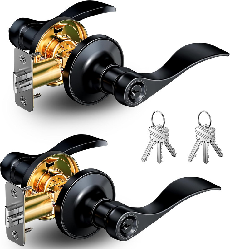 2 Pack Keyed Entry Door Lever, Same Key Wave Handle Lock for Exterior & Interior