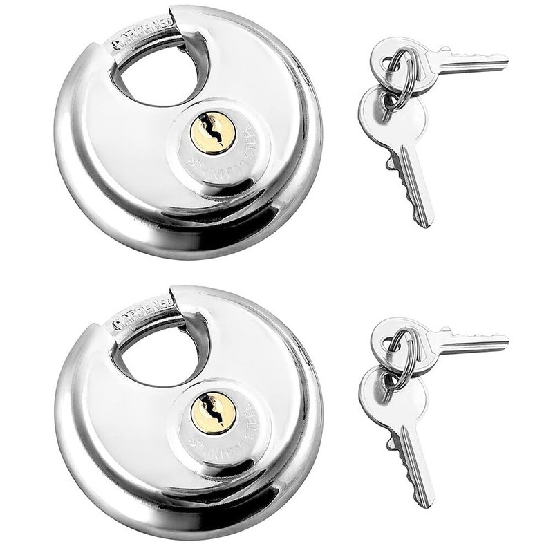 2Pcs Stainless Steel Discus Padlock for Garage Door & Locker Keyed with 4 Keys