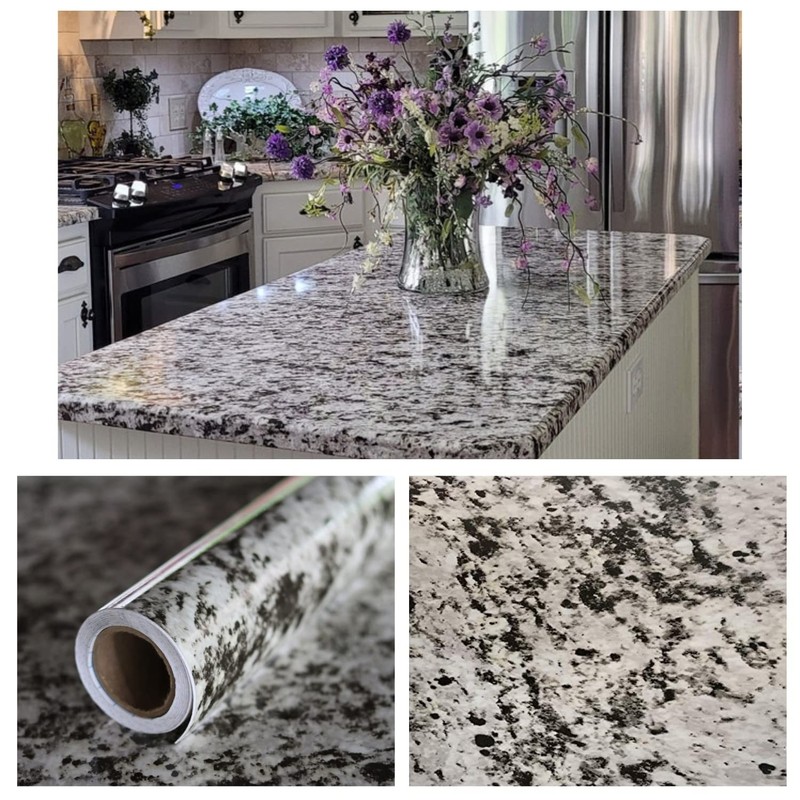Kitchen Countertop Peel & Stick Cover 15′ Black Gray White Marble Overlay