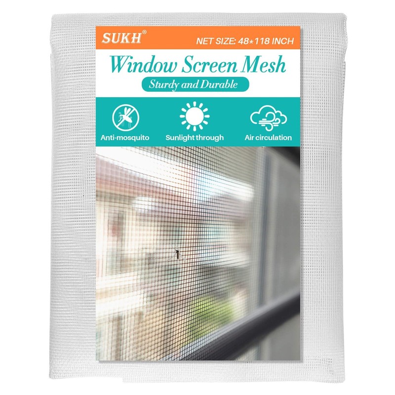 Sukh 48″x118″ Window Screen Mesh – Replacement Fiberglass White