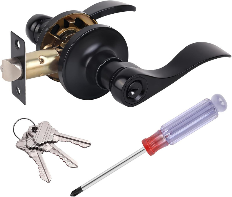 Door Handle with Lock, Matte Black Keyed Entry Door Handle Knob, Reversible Wave