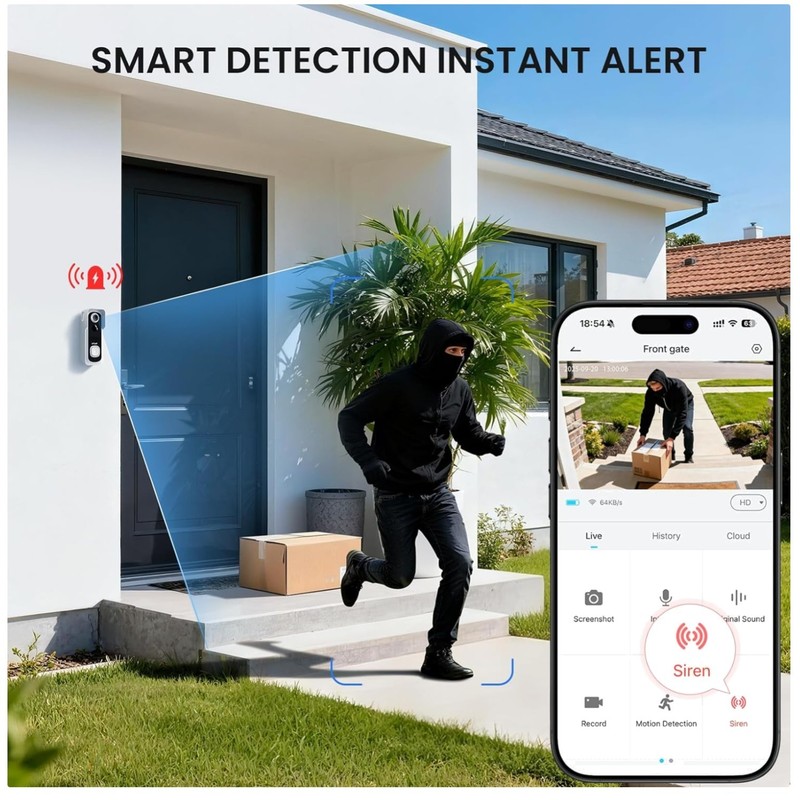 PIR Motion Detection Doorbell Camera, 2-Way Talk, Wireless