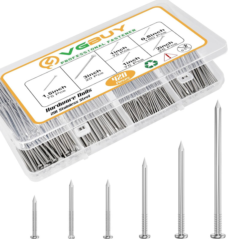 420PCS Stainless Steel Nails Assortment Kit, up to 3 Inch, 6 Sizes for Hanging