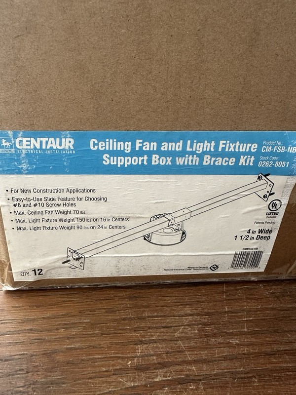 12 Per Box Centaur Ceiling Fan Light Fixture Support Box Brace Kit New Open Box