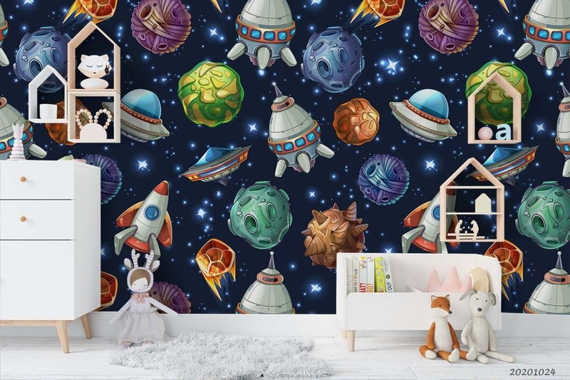 3D Planet Rocket UFO Pattern Self-adhesive Removable Wallpaper Murals gallery