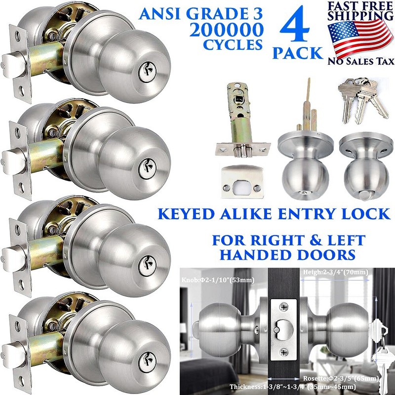 4 PACK KEYED ALIKE ENTRY DOOR KNOBS SINGLE CYLINDER ENTRY LOCK NICKEL COMBO SET