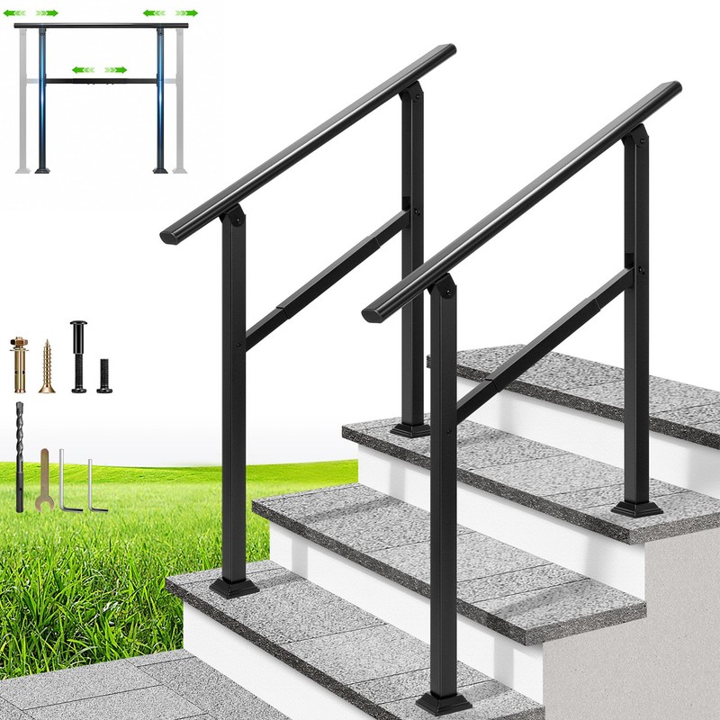 3 Step Handrail Outdoor Stair Railing Adjustable Galvanized Steel Black 2 Pack