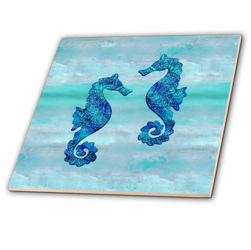 3dRose Seahorses Couple Blue Ink Decorative Tile – 6 Inch Ceramic Art
