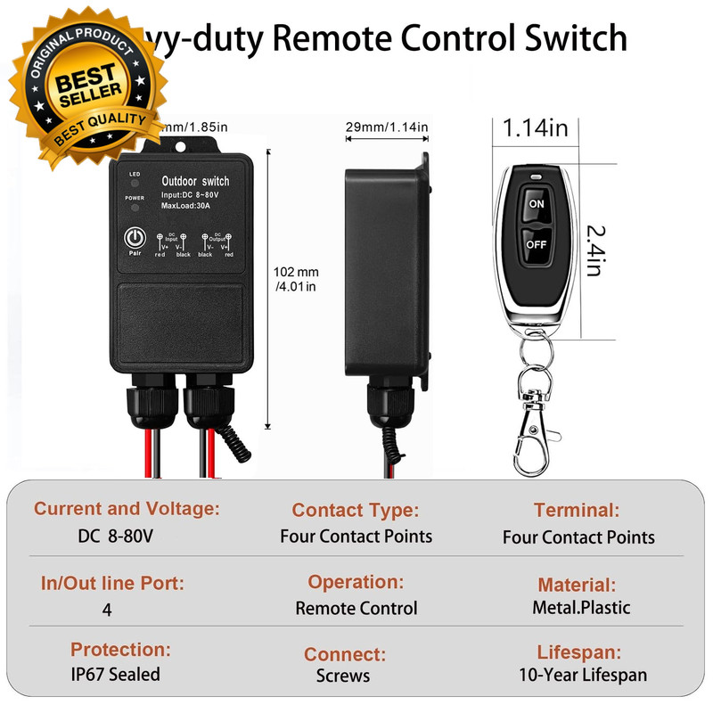 12V Remote Control Switch. IP67 Waterproof DC8-80V 30A Relay Wireless Switch wit gallery