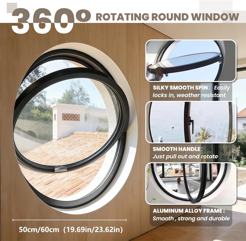23.6" Round Rotating Pivot Window Tempered Glass Flush Mount Metal Frame gallery