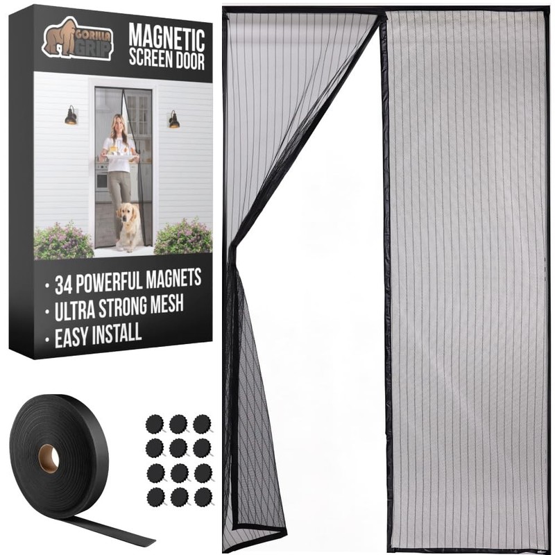 GORILLA GRIP Magnetic Screen Door, Hands Free Mesh Curtain 39″ x 83″, Black
