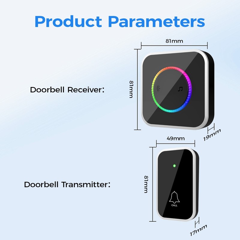 Wireless Doorbell Waterproof Adjustable Volume 45 Chimes Colorful LED 1000Ft gallery