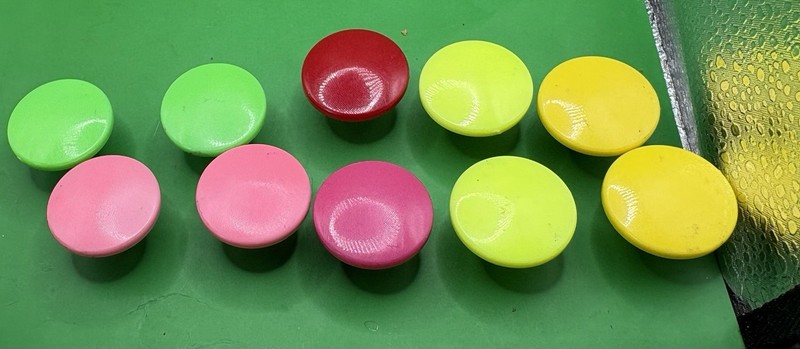 Knobs , Round Plastic , Pink , Green , Yellow , Red Vtg