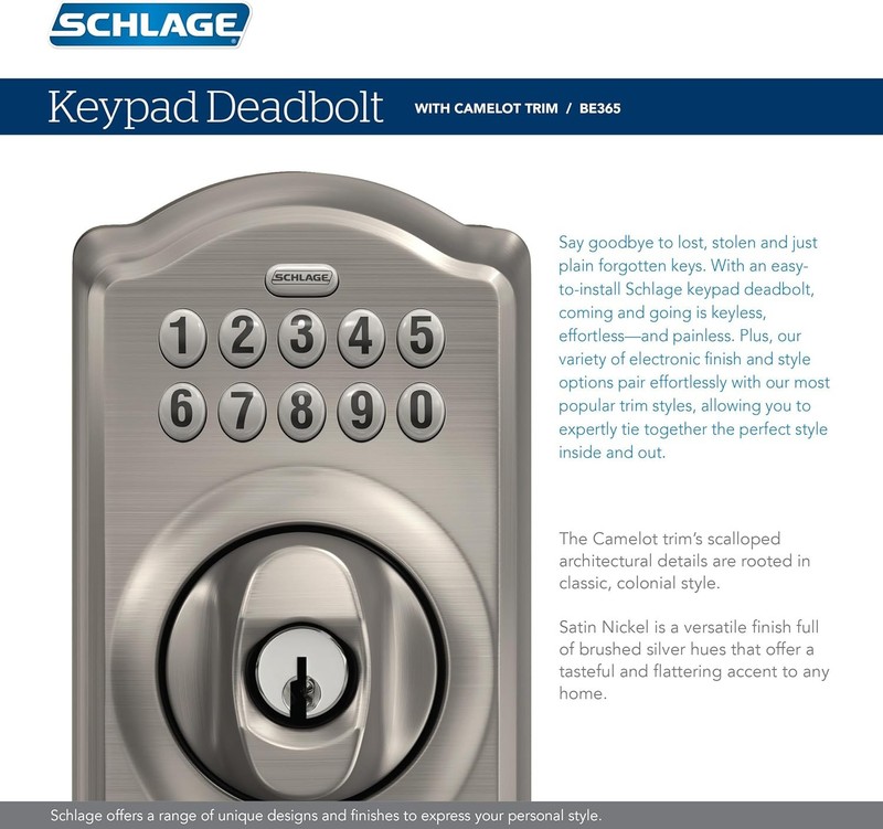 Lock, CAM BE365 Keyless 619 Camelot Keypad V Schlage Deadbolt, Electronic Entry gallery
