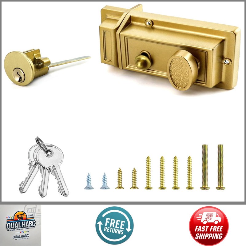 Night Latch Deadbolt Rim Lock Gold Finish Antique Style with Front Door Key