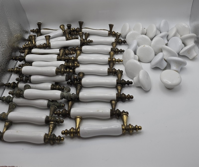 Antique White Porcelain & Brass Drawer Pull Cabinet Handles (27) & Knobs (22).