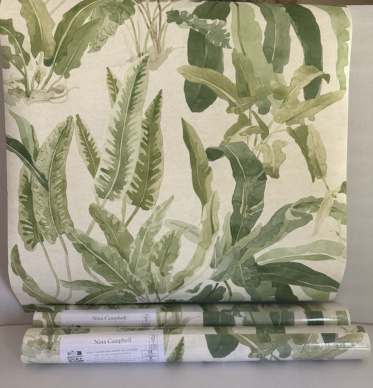 (Qty-2) Osborne And Little “Benmore” White Background Green Leaf Wallpaper