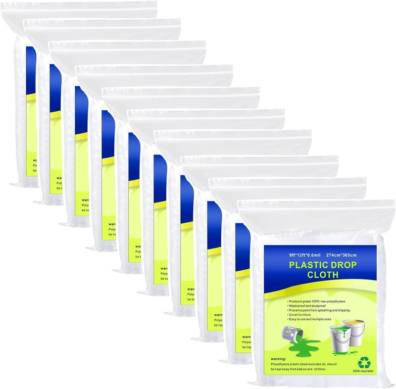 Versatile 10-Piece Plastic Drop Cloth Set - Waterproof, Dust-Proof, 9x12 ft Size gallery