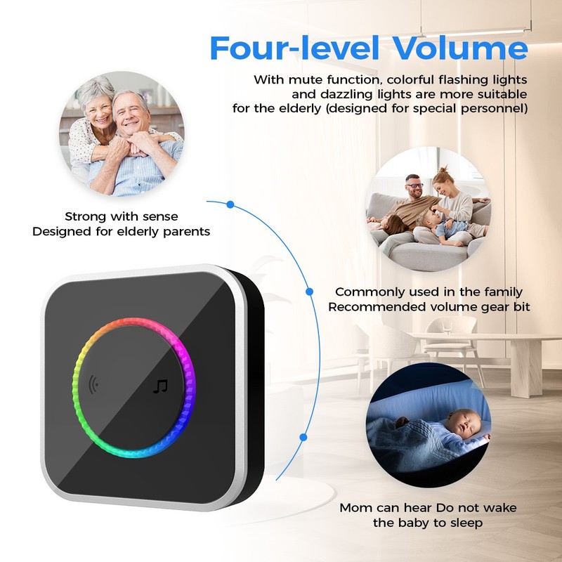 Wireless Doorbell Waterproof Adjustable Volume 45 Chimes Colorful LED 1000Ft gallery