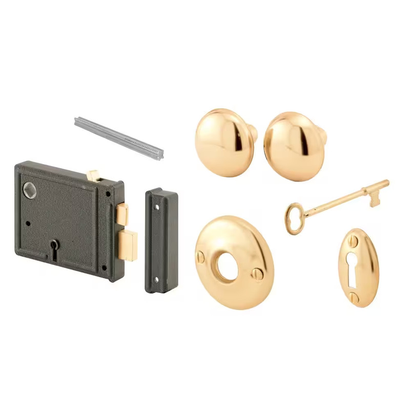 Horizontal Trim Lock Set, 3-3/8 In. Backset, Black Housing W/Brass Plated Knobs