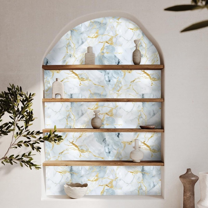 Cokcokr Light Blue Gold Patterned Marble Wallpaper 17.71X118.1 Peel And Stick gallery