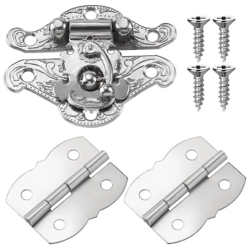 Jewelry Box Hardware 2 Pcs Antique Hasp Latch 4 Pcs Silver Hinge 28 Screws for