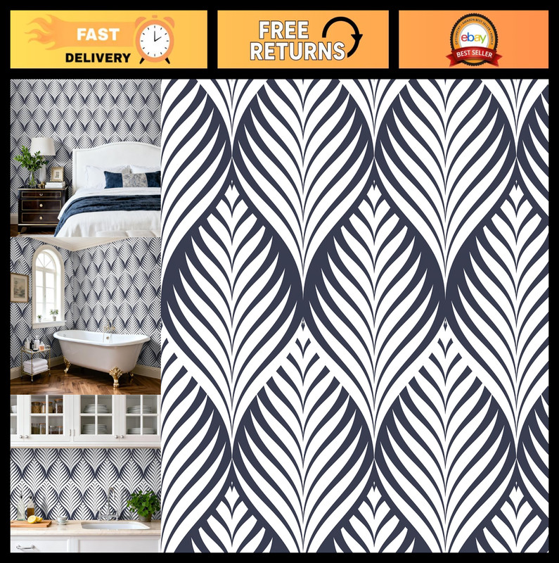 Navy & White Geometric Peel and Stick Wallpaper – Modern Art Deco Leaf Mural 17.