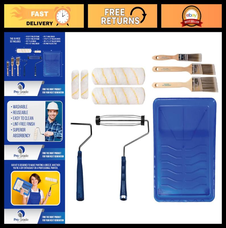 10-Piece Paint Roller Kit & Brush Set for Walls – Washable, Reusable, Easy Clean