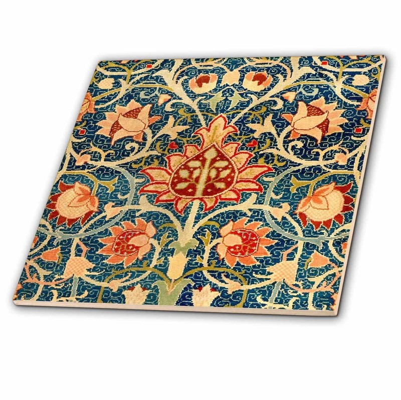 12-Inch Ceramic TileWilliam Morris Floral Symmetrical BlueRed Orange Vintage Art