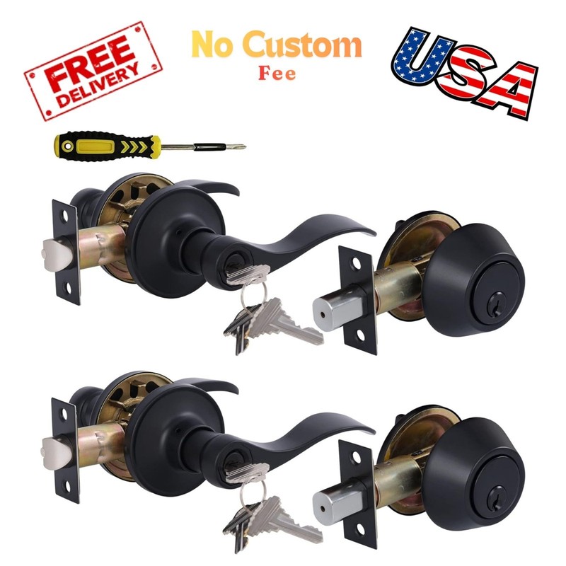 Keyed Alike Front Door Lever Lockset with Single Cylinder Deadbolt 2Sets