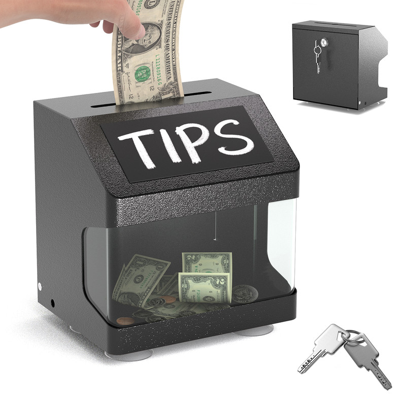 Metal Tip Box with Lock & Keys – Small Donation Box with Chalkboard Label, Black