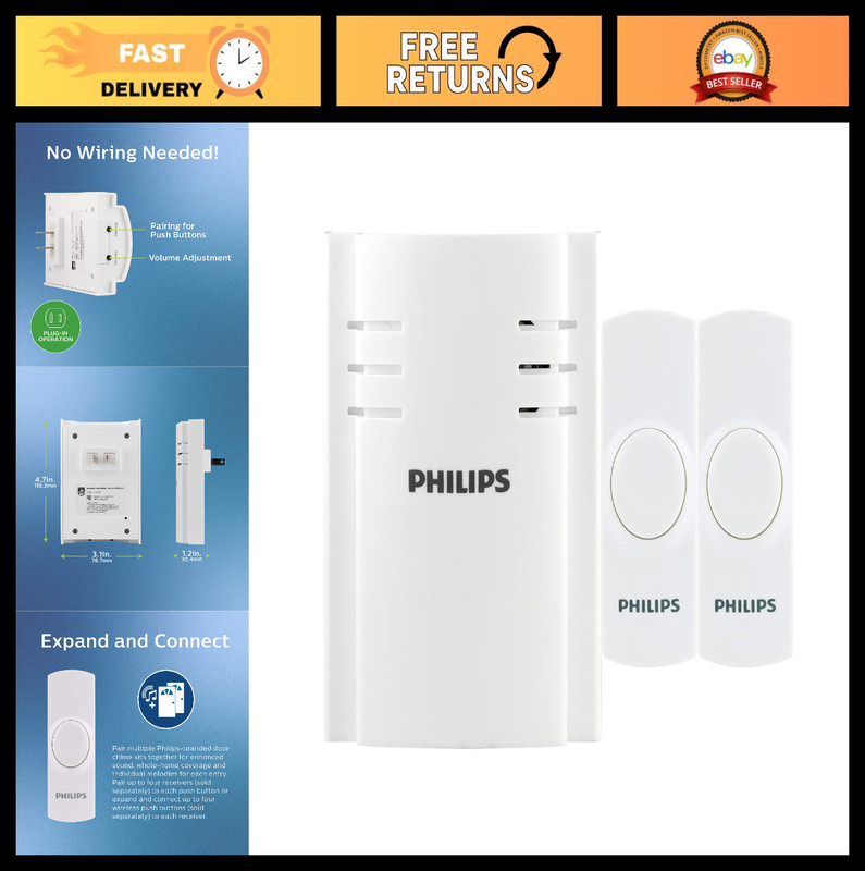 Wireless Doorbell Kit with Plug-In Receiver, 2 Push Buttons, 8 Melodies, 150 Ft