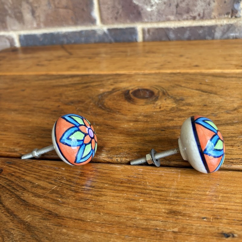Hand painted Ceramic Drawer Pull Knobs Blue Green Orange Flower 1.5" Set of 2 gallery