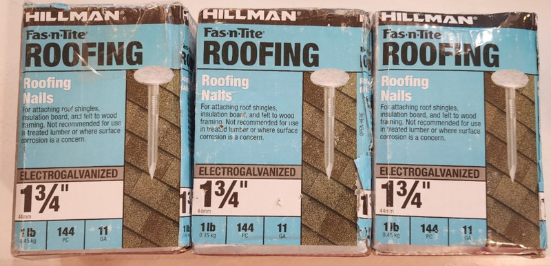 (3)- 1 lb Boxes - Hillman Roofing Nails - Electro Galvanized- 11 Gauge - 1-3/4"