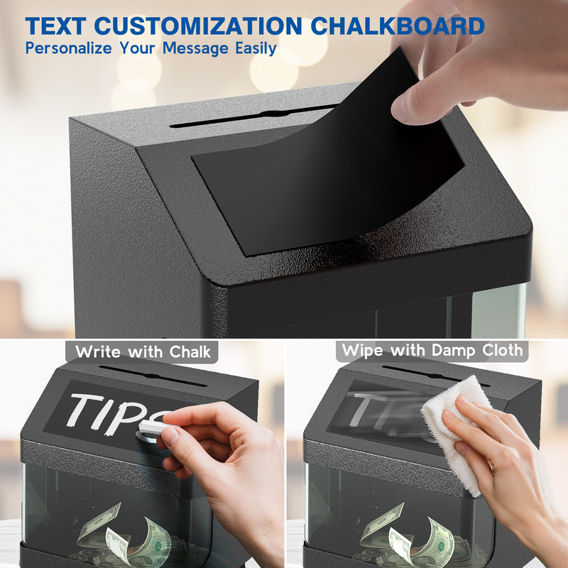 Metal Tip Box with Lock & Keys - Small Donation Box with Chalkboard Label, Black gallery