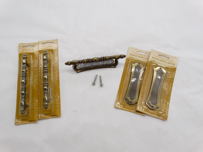 3 NOS Vintage National Lock 4 1/2″ Antique Brass Handles & Back Plates