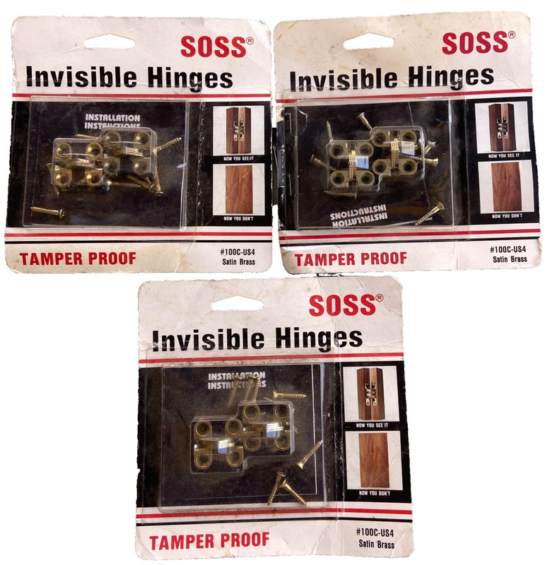 New SOSS Invisible Concealed Hinges #100C-US4 Satin Brass Tamper Proof 1992 Lot3