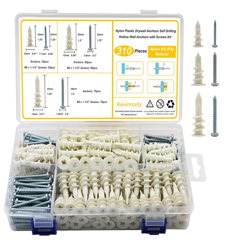 3 Sizes Self Drilling Drywall Anchors, 310PCS Nylon Plastic Wall Anchors and Scr