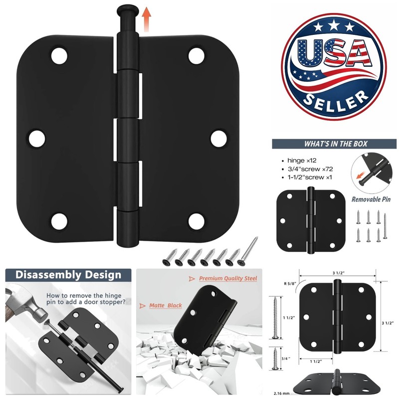 Matte Black Rounded Door Hinges 3.5 x 3.5 Inch – 12 Pack with Screws Included