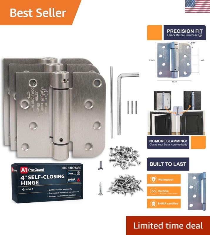 Self-Closing Spring Hinges, 3 Pack, 4 Inch, Easy Adjust Tension, Nickel Finish