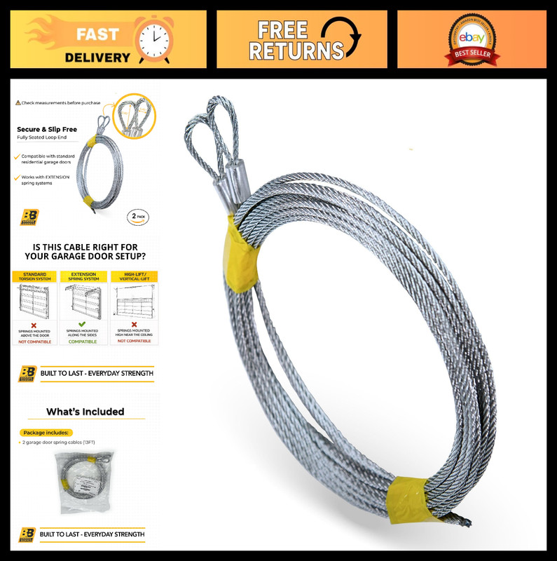 13FT Garage Door Extension Spring Cables - Heavy Duty Rust-Proof Steel, 750lbs C