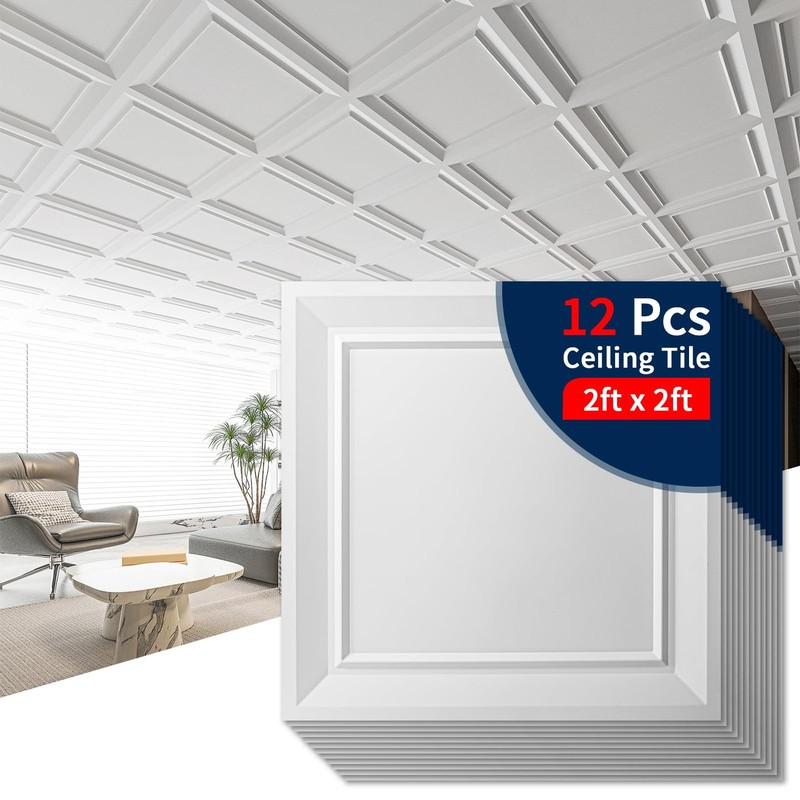 Ceiling Tiles 24 x 24 Drop Ceiling Tiles, 12 Pack Drop in High PVC Wall Panel…
