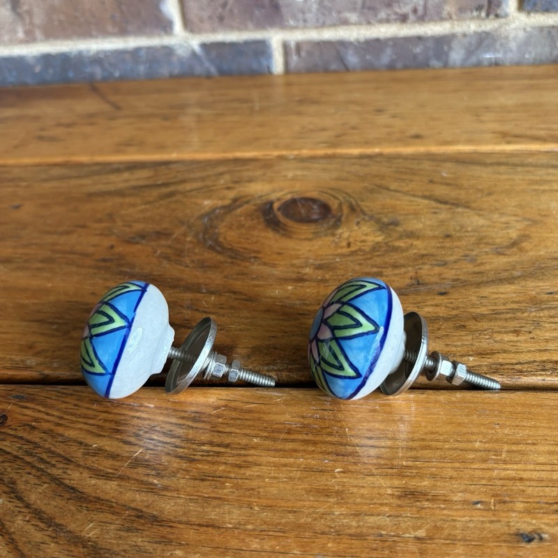Hand painted Ceramic Drawer Pull Knobs Blue Green Purple Flower 1.5" Set of 2 gallery