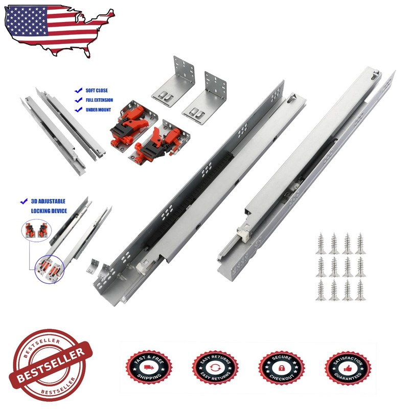 Full Extension 21″ Undermount Drawer Slides 6 Pairs, Soft Close, Steel, 85lb